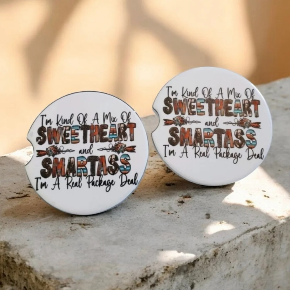 Set Of 2 Ceramic Funny Car Coasters SWEETHEART and SMARTA$$